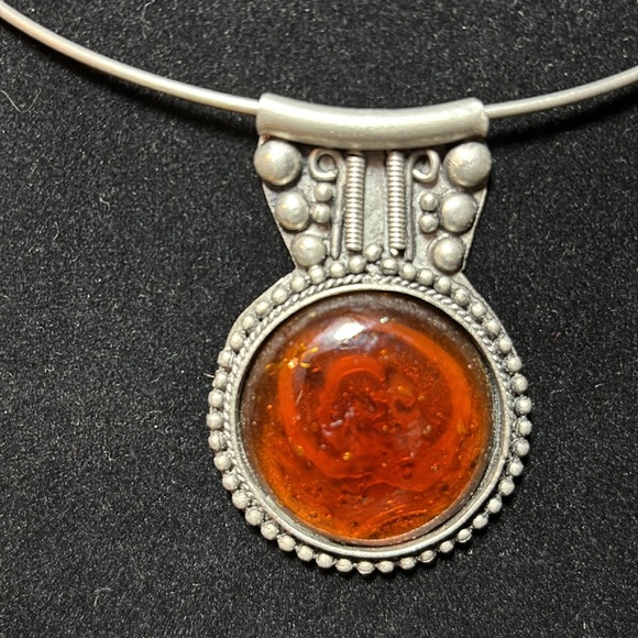 Rustic Artisan Medallion Collar Necklace 5.5”D Amber Glass Silver FlexibleTorque - Picture 3 of 12